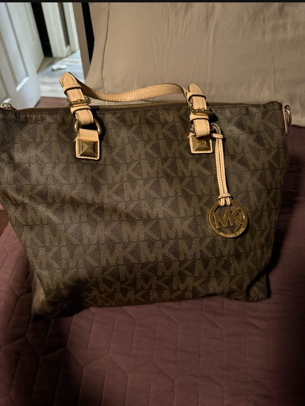 Michael Kors Brown Signature MK Tote with Beige Trim and Gold Charm